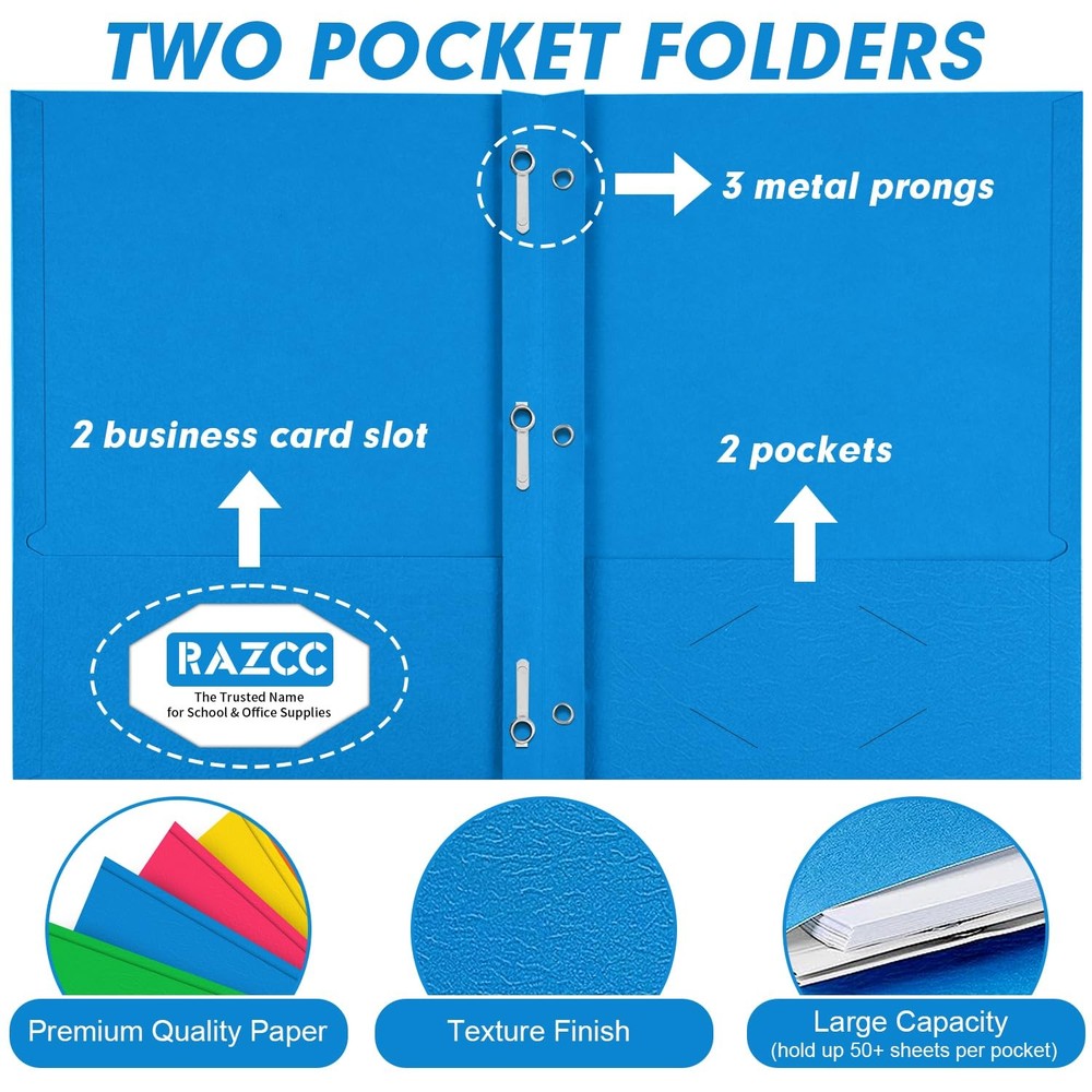 Two Pocket Folders, RAZCC 50 Pack 50 Pack, Assorted 5 Light Colors