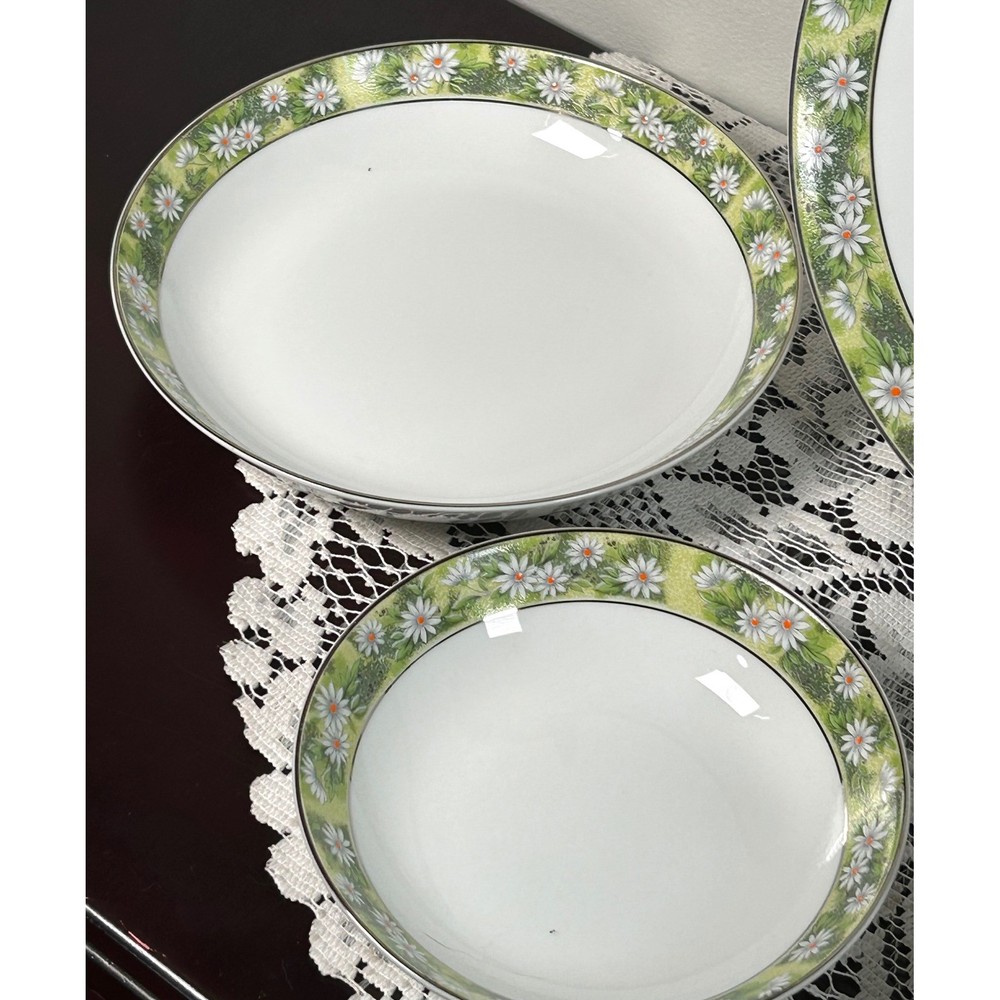 5 Pc Setting Mikasa Marianne Dinnerware Floral Daisy Green White Silver Trim #3