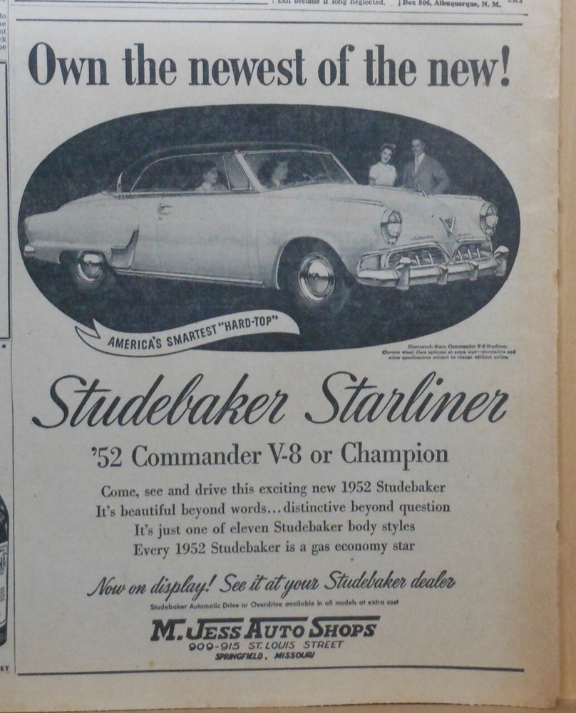 1952 newspaper ad for Studebaker - State Commander Starliner, Smartest hard-top