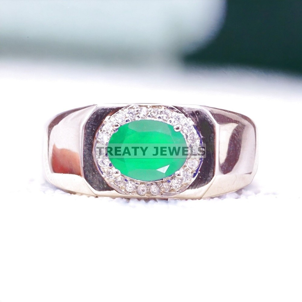 Emerald Oval Cut Gemstone With 14K Solid White Gold Ring For Men's #A298