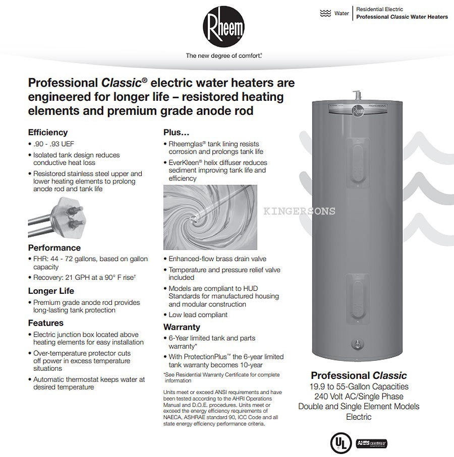 RHEEM Residential Electric Tank Water 240 VAC, 3.5 kW Elements, 28 Gallon, Short