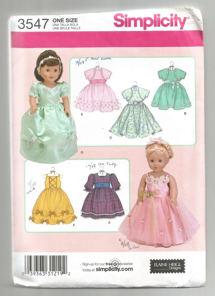 3547 Simplicity Sewing Pattern 18" Doll Clothes Dresses Boleros