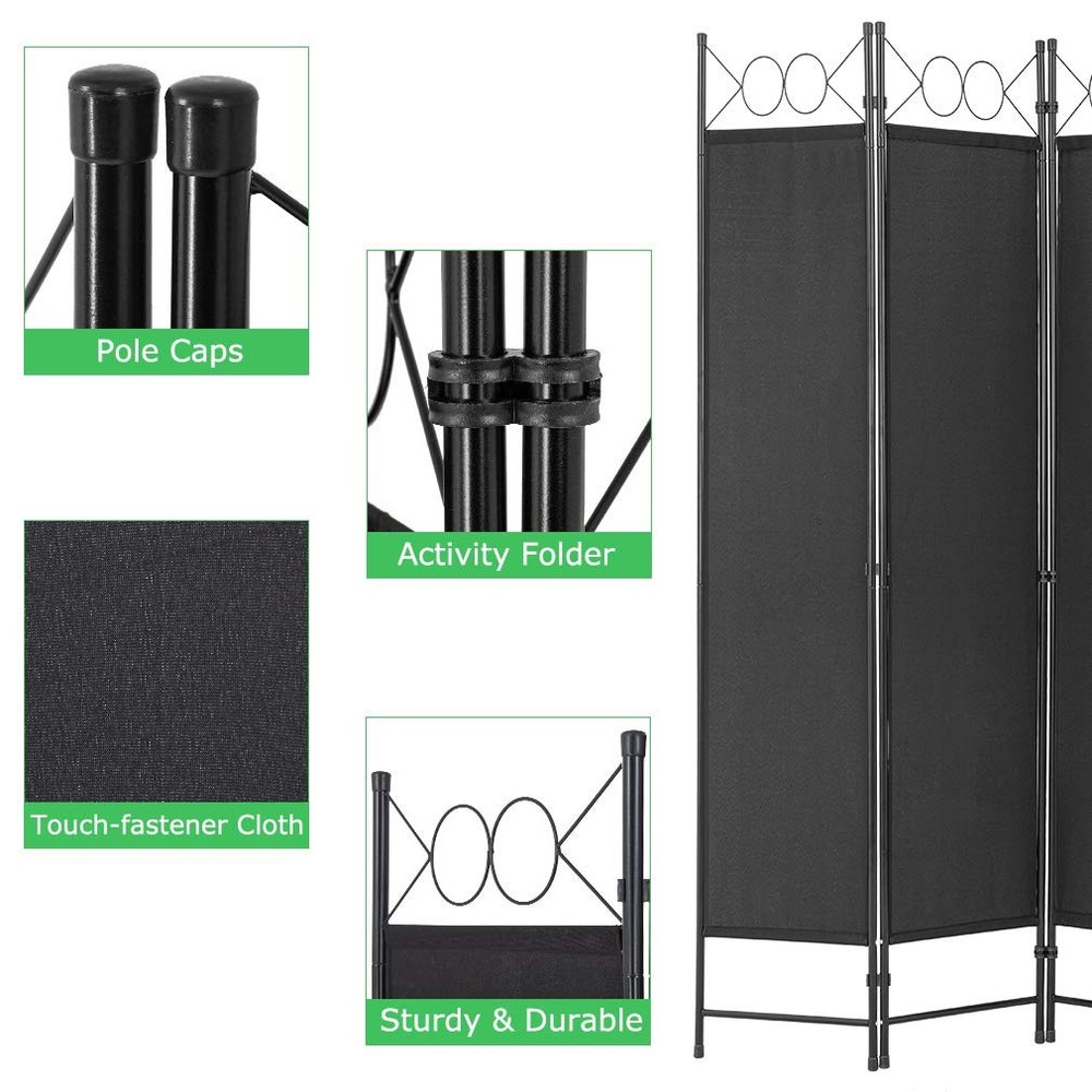 4 Panel Room Divider 6.8FT Steel Frame Screen Folding Privacy Black