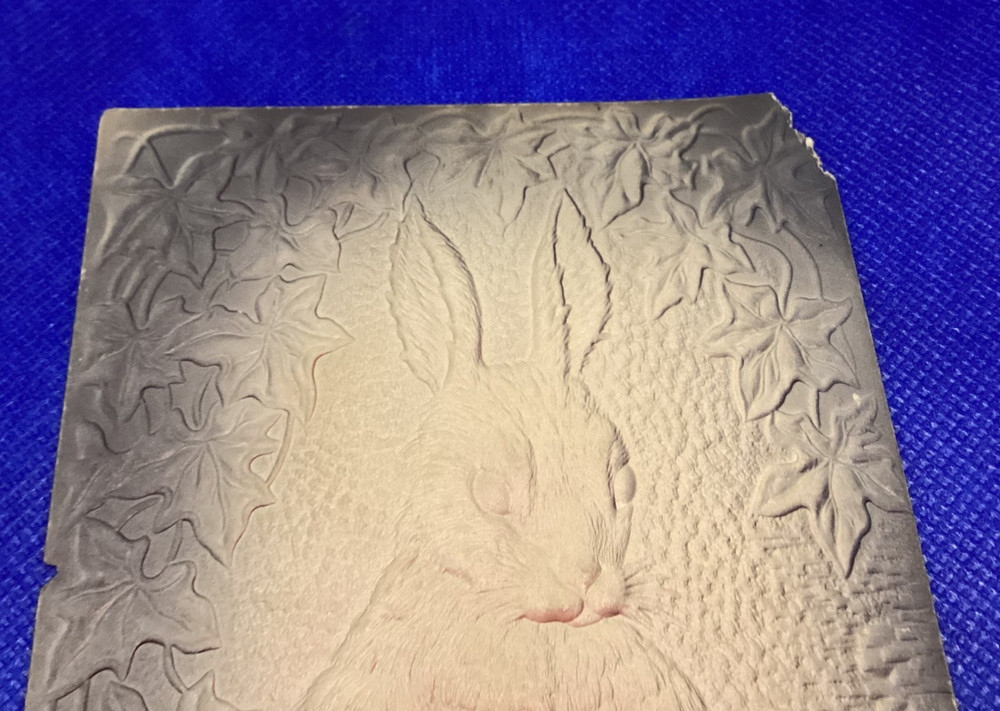 Antique Easter Greeting Card - Embossed Rabbit with eggs