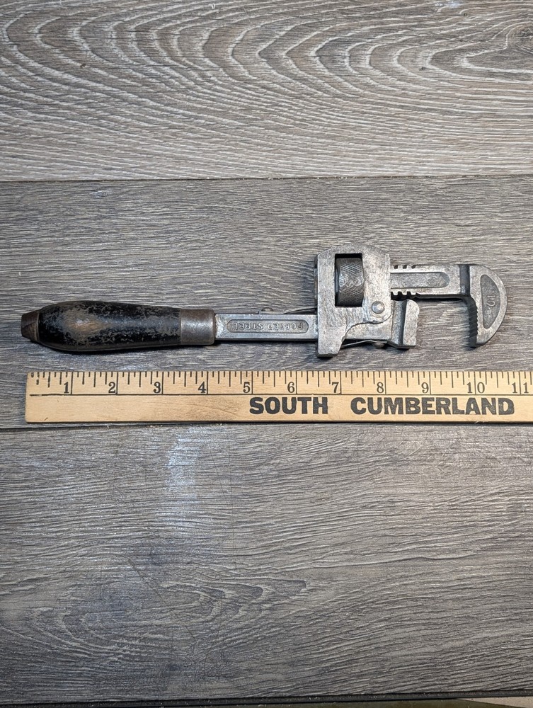 Antique Threadwell 10" Adjustable Pipe Monkey Wrench Wood Handle