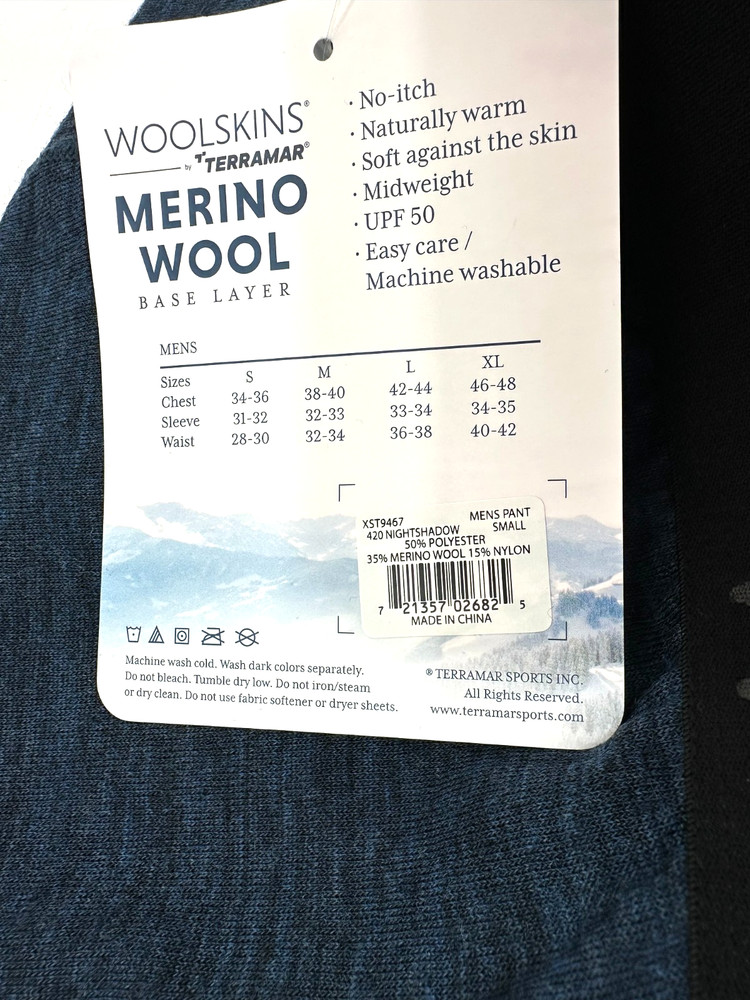 $110 Terramar Woolskins Men’s Merino Wool Base Layer Pants-Night Shadow- Small