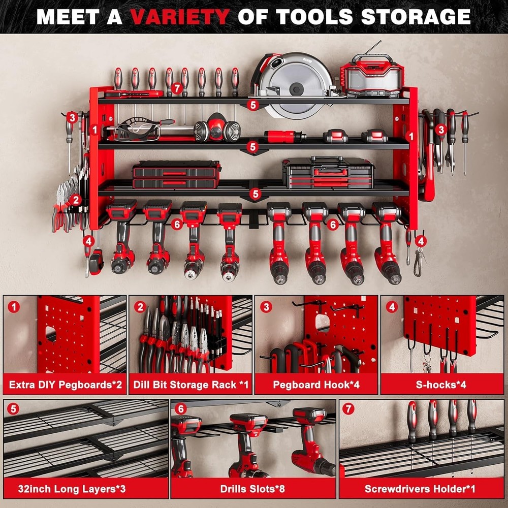 Power Tool Organizer Wall Mount 4 Layer Drill Holder Rack Red