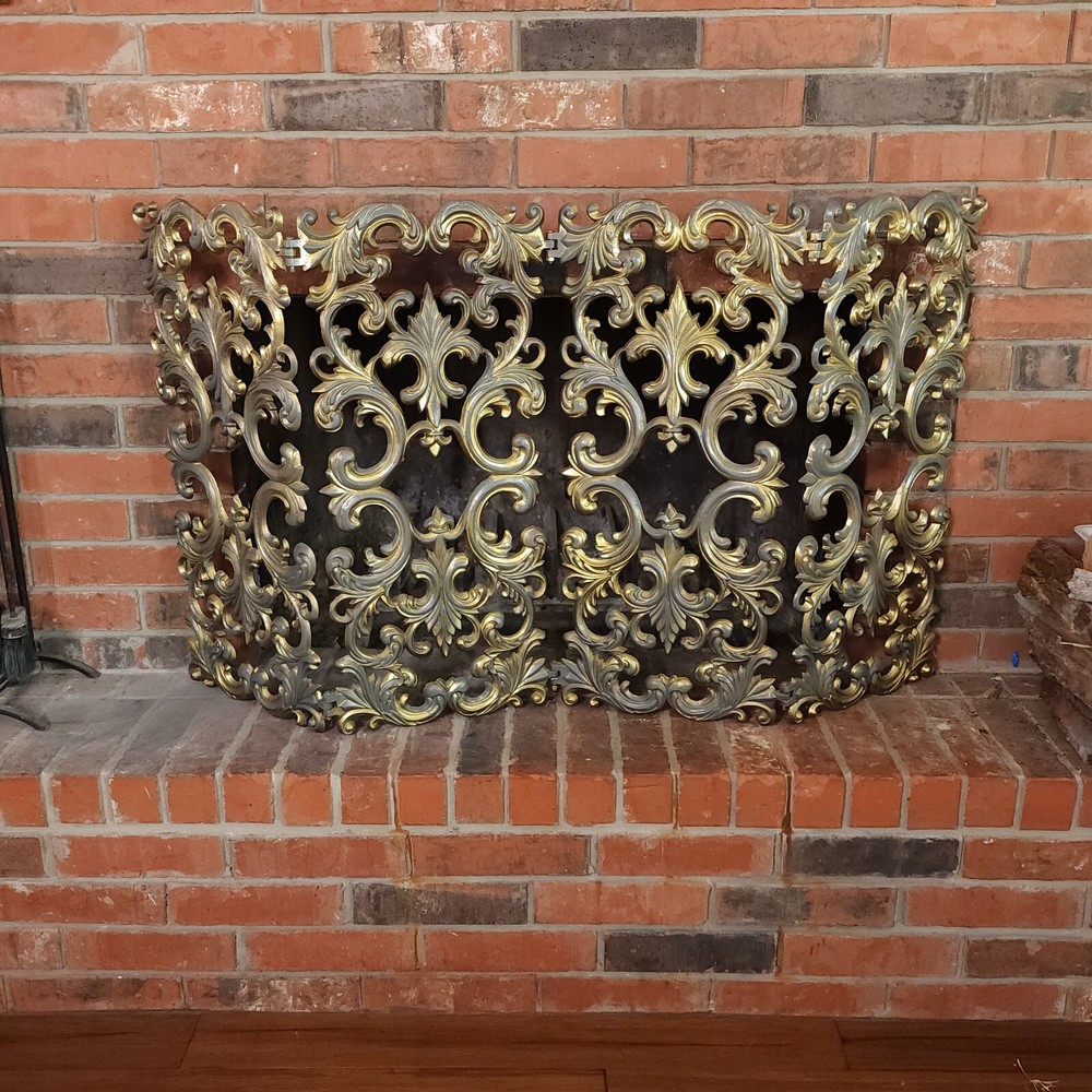 Vintage Fireplace Cast Iron 4 Panel Fire Screen Gold 54x 29.5