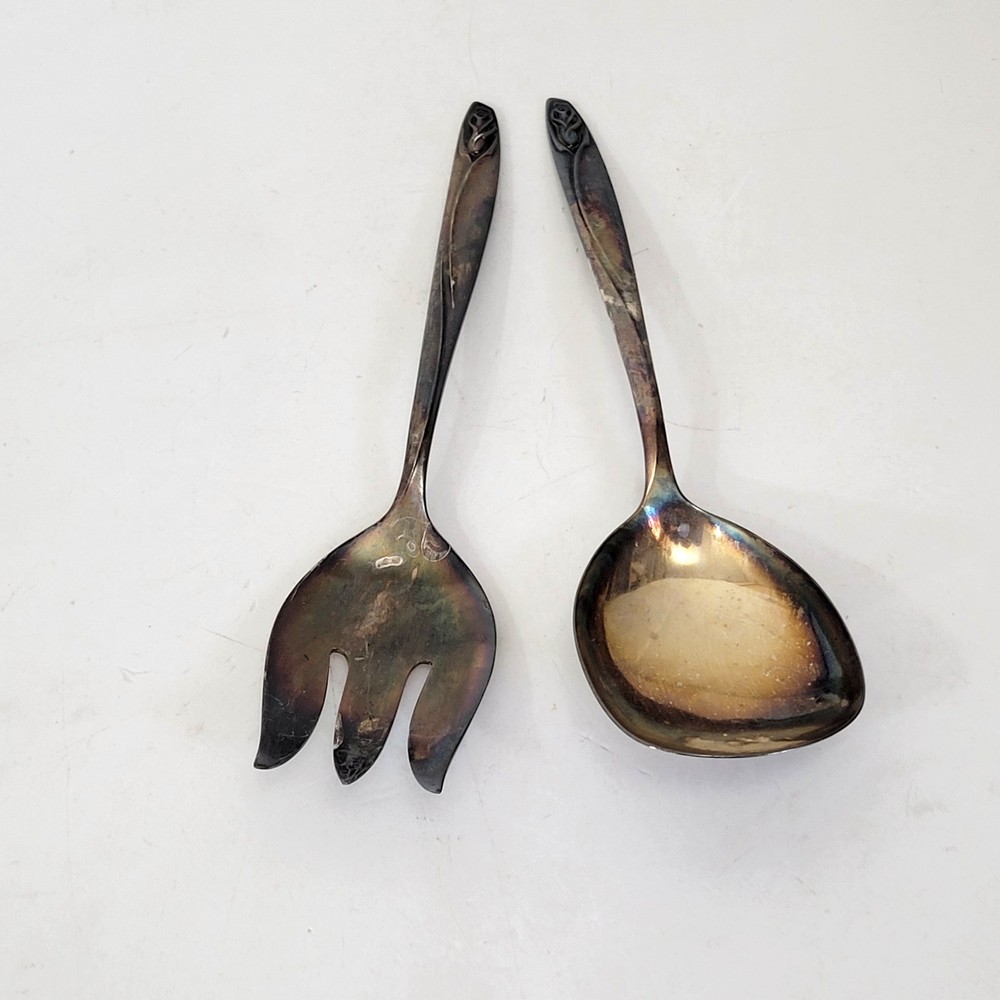 International Deep Silver Salad Servers with Rose Design