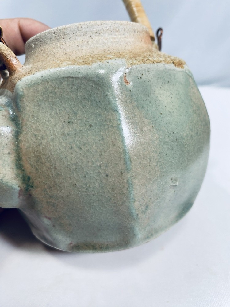 Studio Pottery Celadon Teapot Small Ceramic Rattan Wrapped Handle