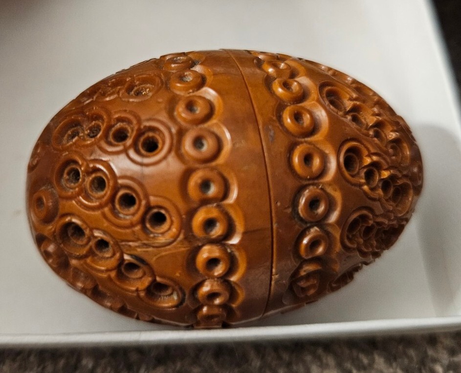 Old SEWING Needle, Thimble, Pin Holder EGG SHAPE CARVED