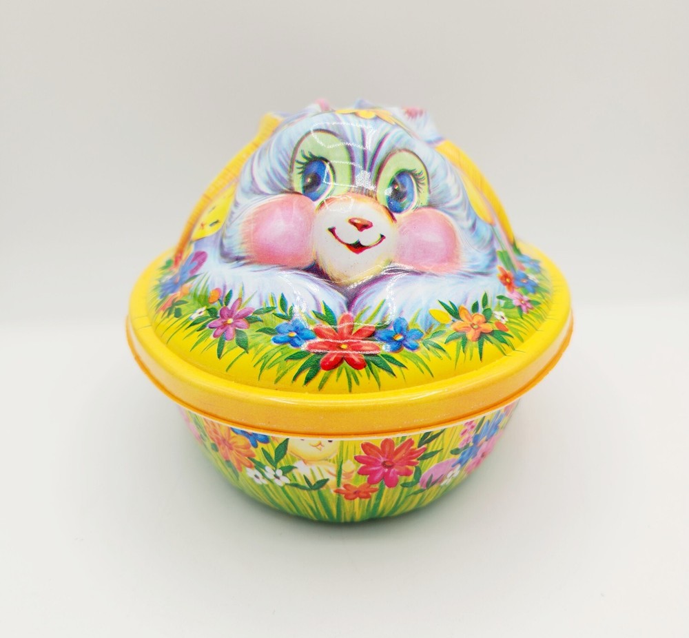 VTG Easter Kitsch Bunny On Nest Chicks Candy Container Lid Basket Egg Decor 9"