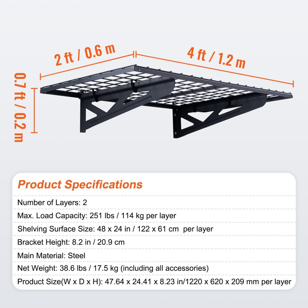 Garage Storage Shelving 2 Pack 4x2ft Heavy Duty 502lbs Load Wall Mounted