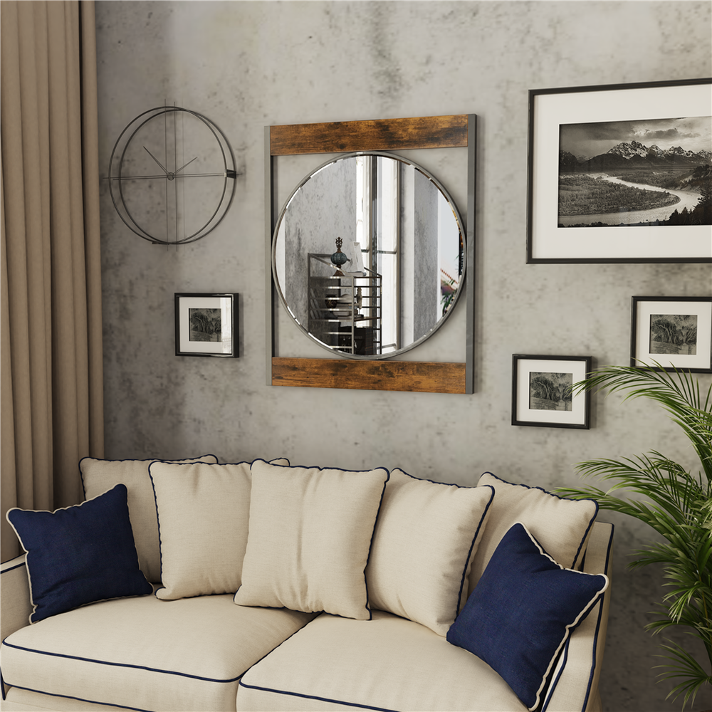 Retro Unique Wooden Bathroom Vanity Mirror Accent Mirror w/ Rustproof Iron Frame