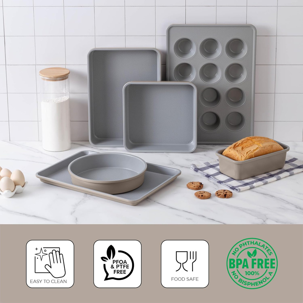 Nonstick Stackable Bakeware Set - Durable, Easy Release Baking Set, Taupe, 6 Pcs