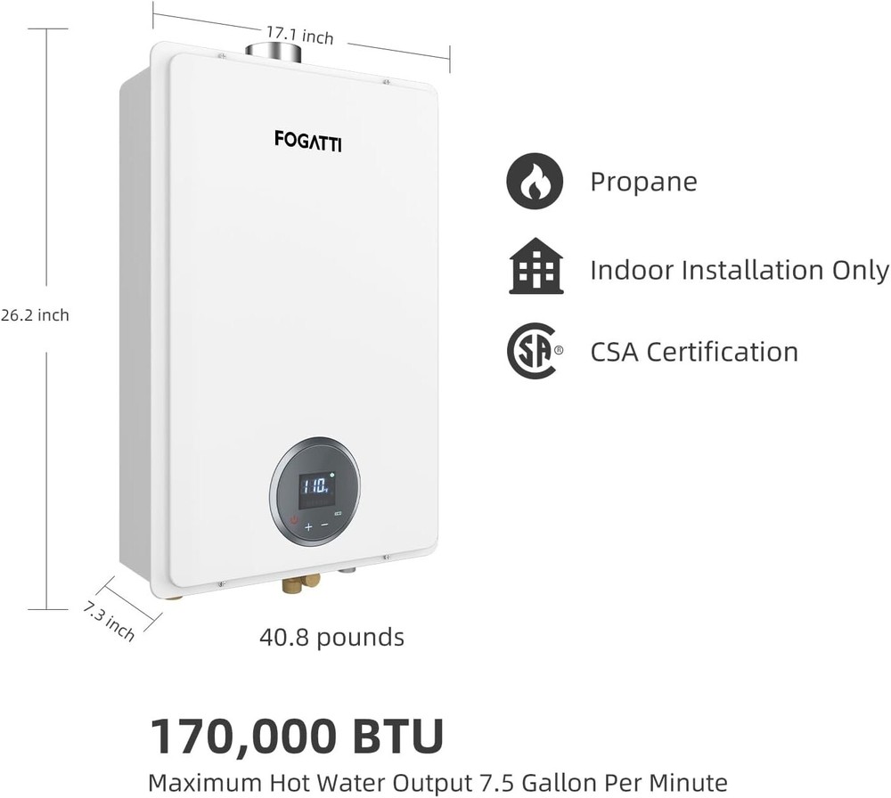 FOGATTI Propane Tankless Water Heater Indoor On Demand Hot 7.5 GPM 170,000 BTU