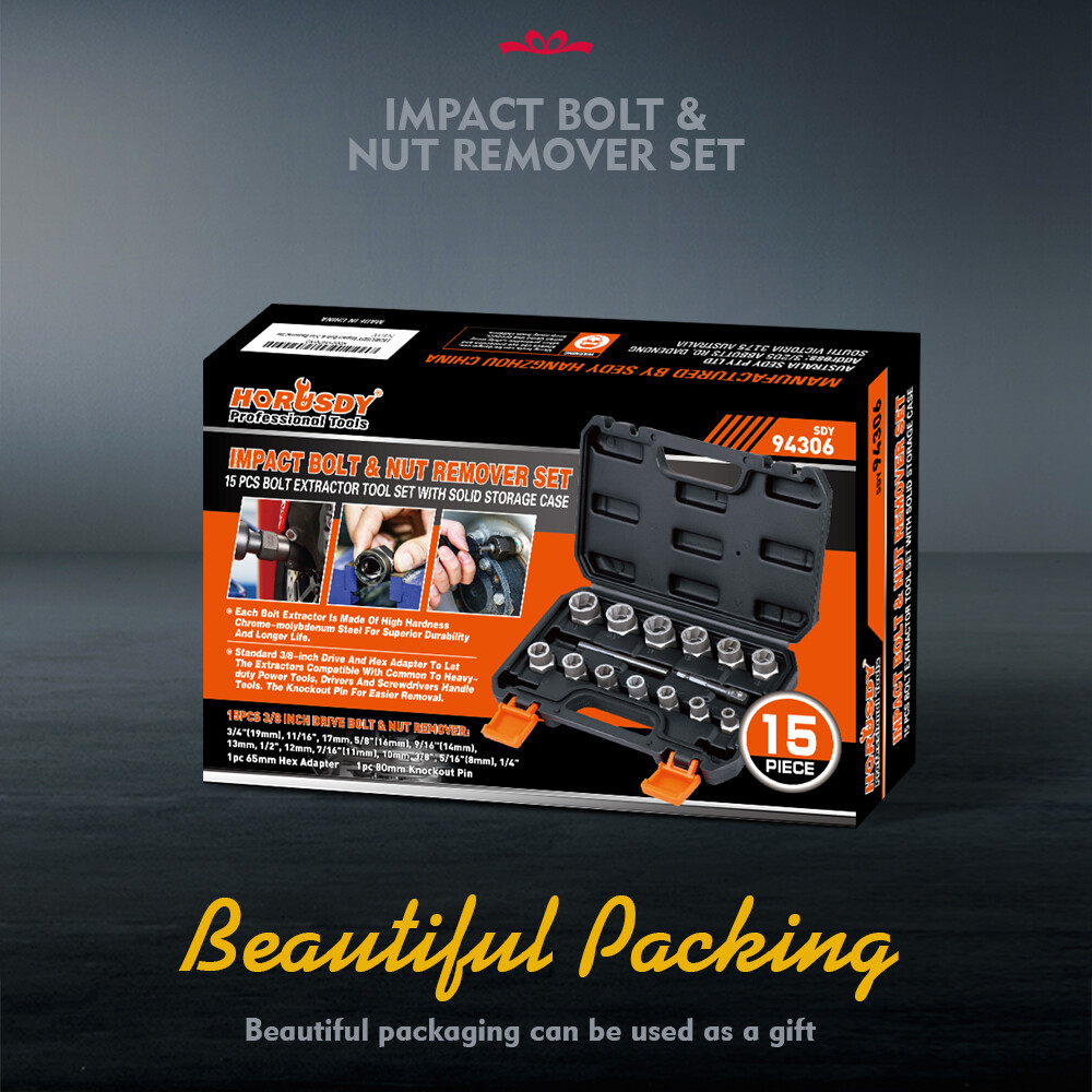15PC Impact Bolt & Nut Remover Set Extractor Damaged Rusted Adapter Storage Case