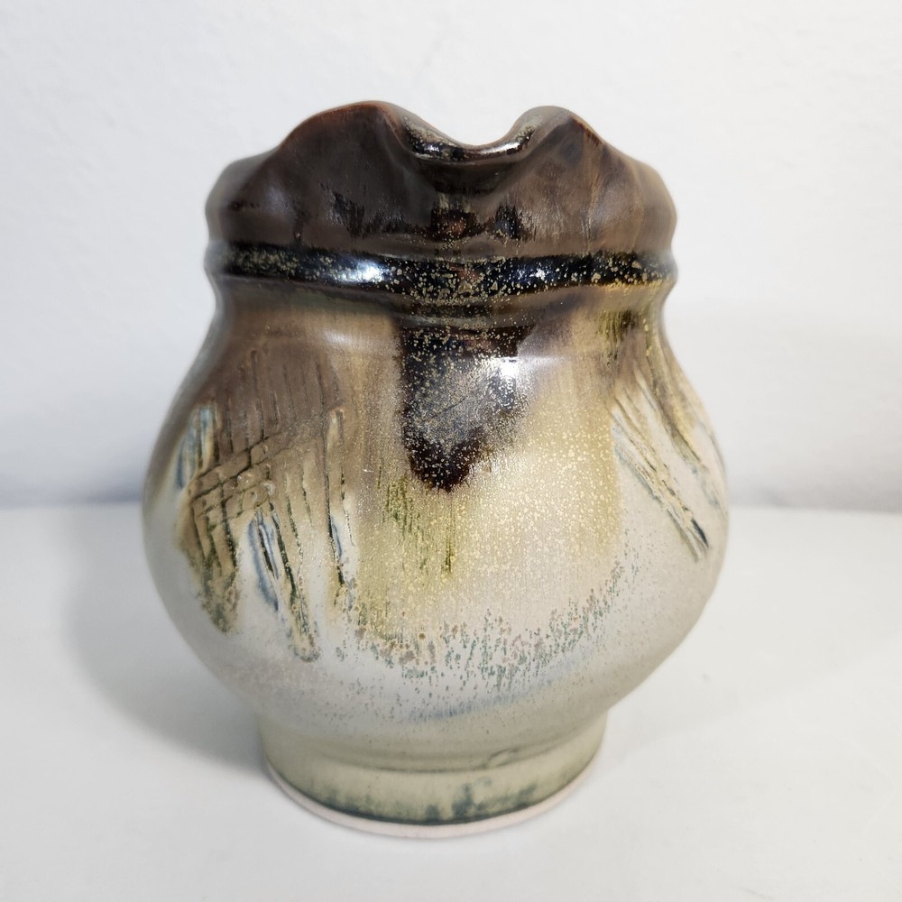 Artisan Studio Handmade Stoneware Pottery Brutalist Signed Pitcher