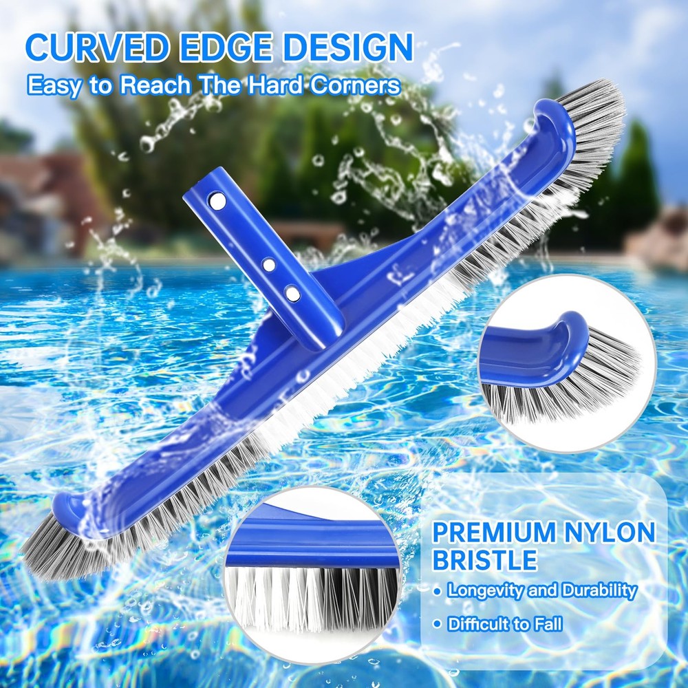 Pool Brush Head, 17" Pool Brushes for Cleaning Pool Walls, Curved Ends High-E...