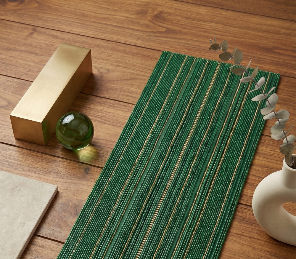 Emerald & Gold Beaded Luxury Table Runner - Elegant Art Deco Decor