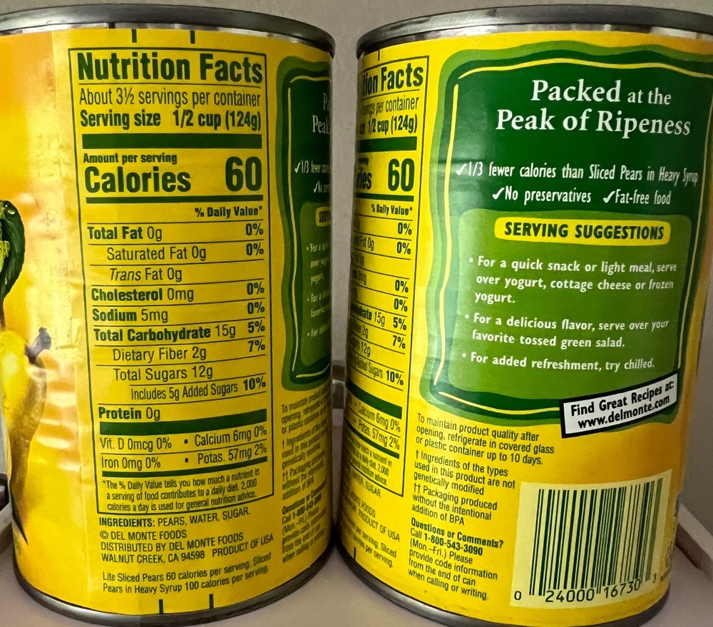 Del Monte Lite Sliced Pears Fruit-15 oz Can-2 Count