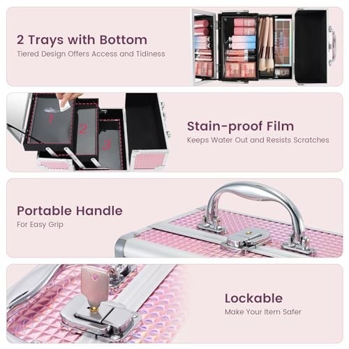 Portable Makeup Train Case Organizer with Mirror, Locking Storage for Cosmetics