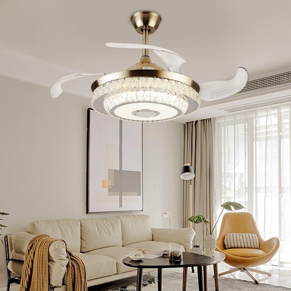 Bluetooth Crystal Ceiling Fan with Light – Retractable Blades, Dimmable LED