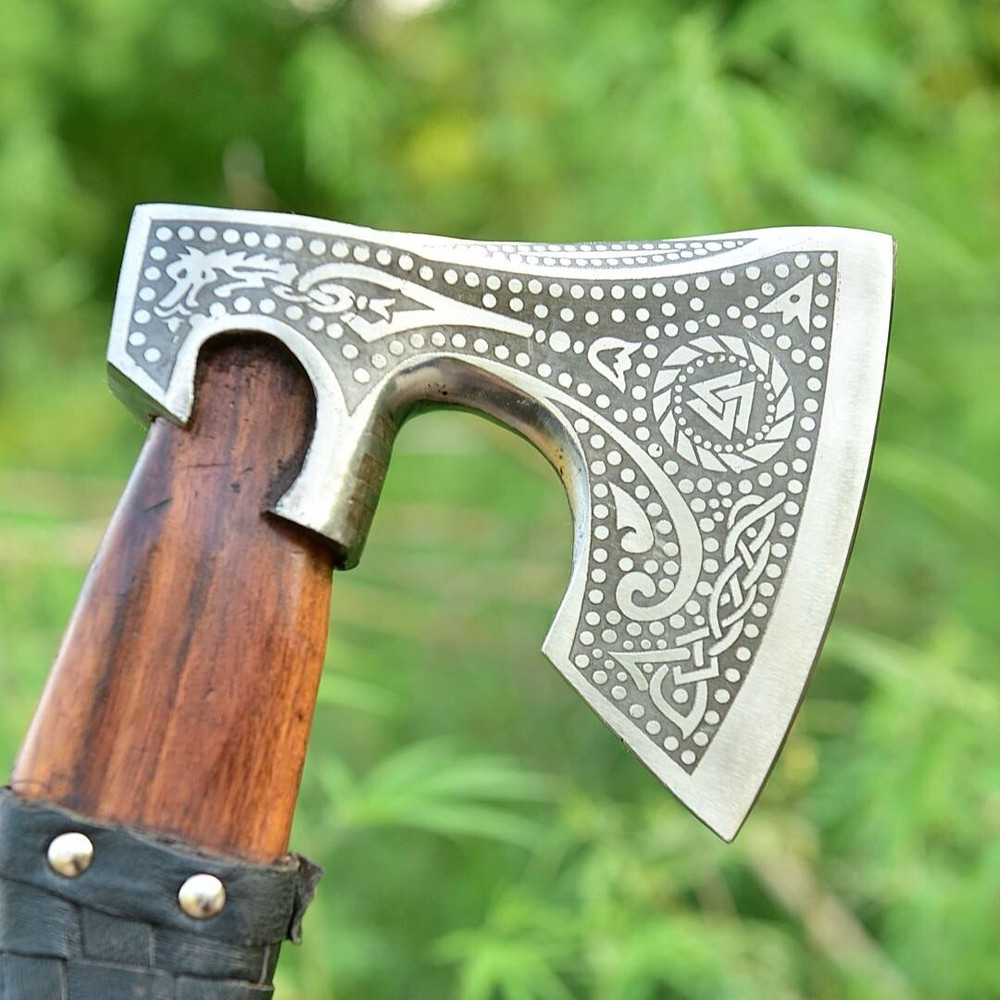 Tomahawk , Hatchet , Axe , Viking Throwing Axe Etching Head Leather Wrap Handle