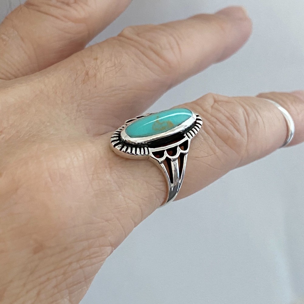 Sterling Silver Etched Oval Synthetic Turquoise Ring, Statement Stone Rings
