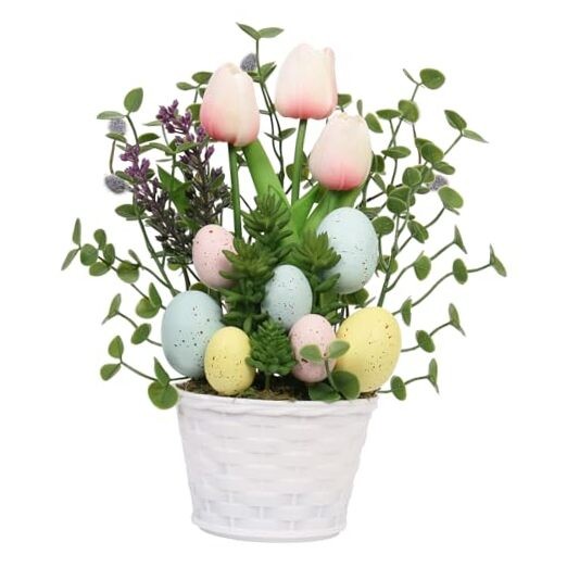 Easter Decorations, Artificial Easter Egg Tulip Flower Potted Table Pink
