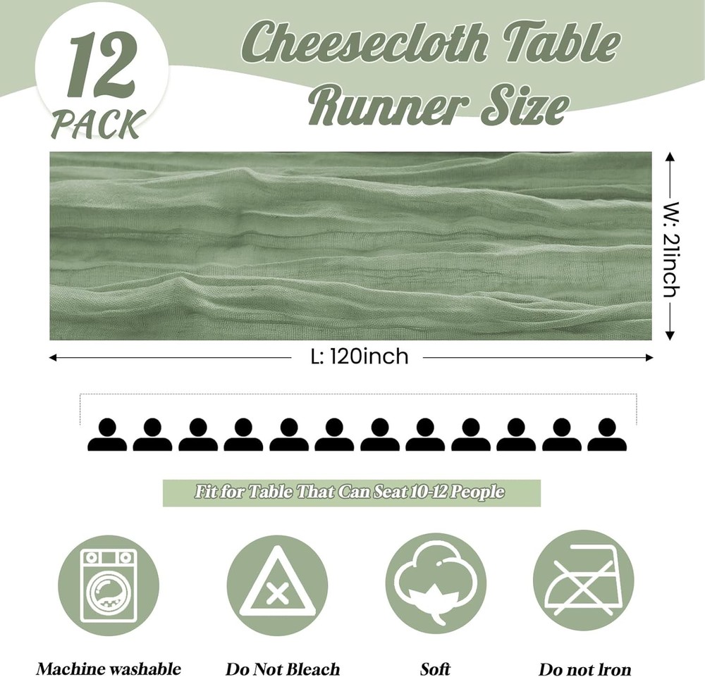 12 Pack Sage Green Spring Easter Table Runner 10FT Sage Green Cheesecloth Table