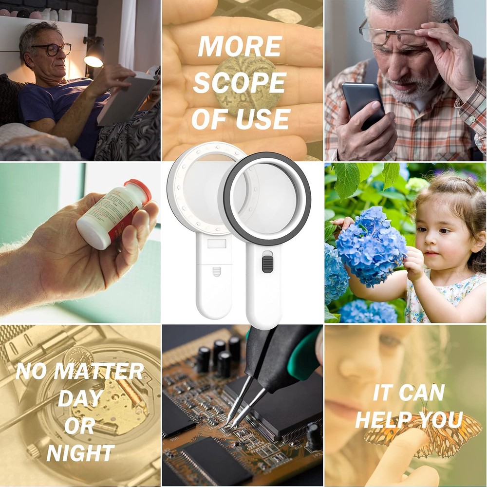 AIXPI Magnifying Glass with Light, Double-Layer Lens Handheld White