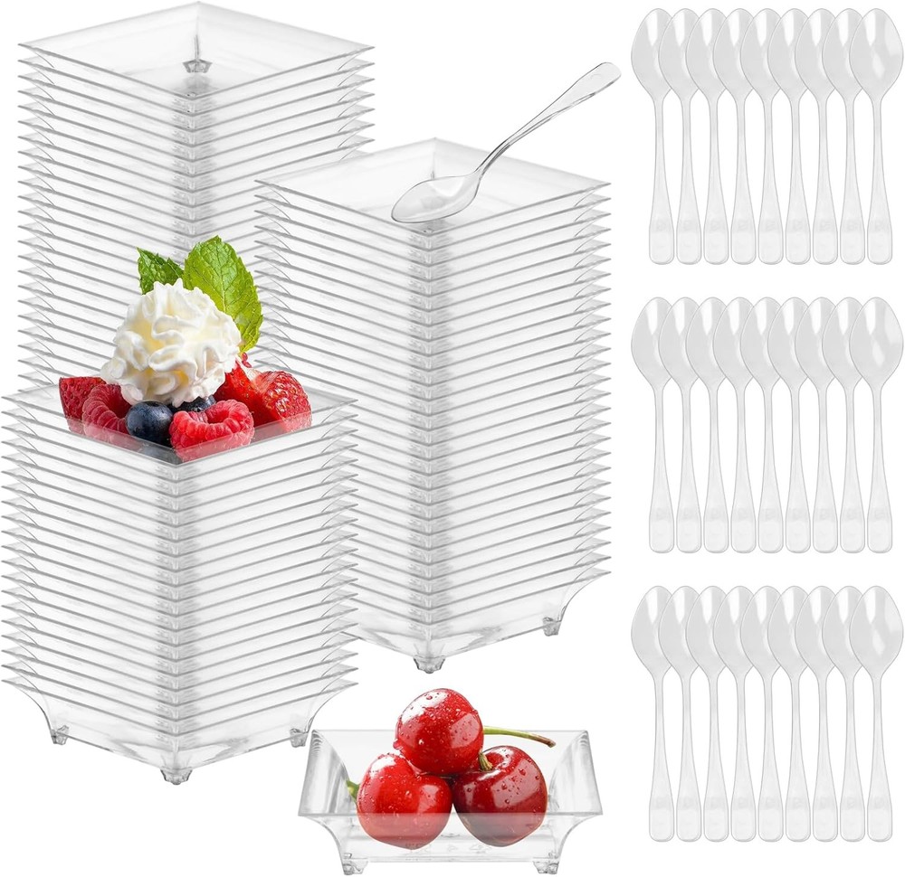 100 Sets 2.4'' Mini Dert Plates with Tasting Spoons, Clear Disposable