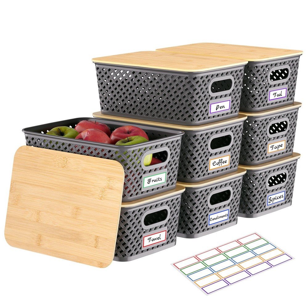 Anysig 8 Packs Plastic Storage Bins with Bamboo Lids - Stackable Storage Bins...