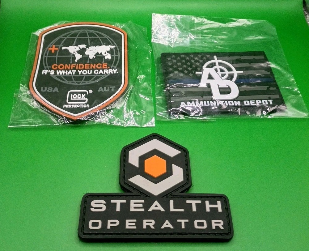 Glock, Ammunition Depot & Stealth Operator 3pc PVC Patch Set - Hook Backing NEW