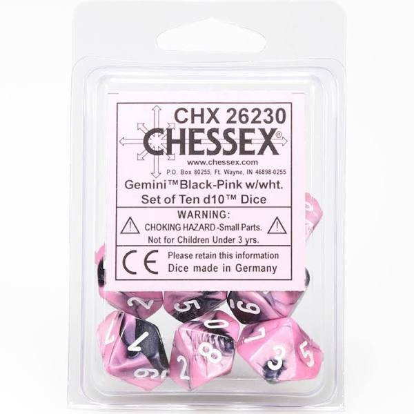 D10 GEMINI DICE, BLACK-PINK/WHITE numbers 10CT