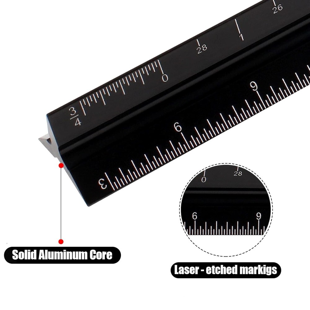 12" Architectural Scale Ruler, Aluminum Scale, Triangular black
