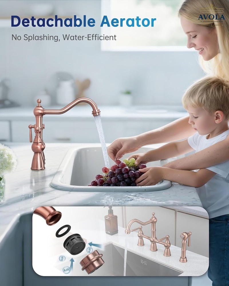 Solid Brass Copper Bridge Kitchen Faucet with Pull Down Sprayer,2 Handles 4 H...