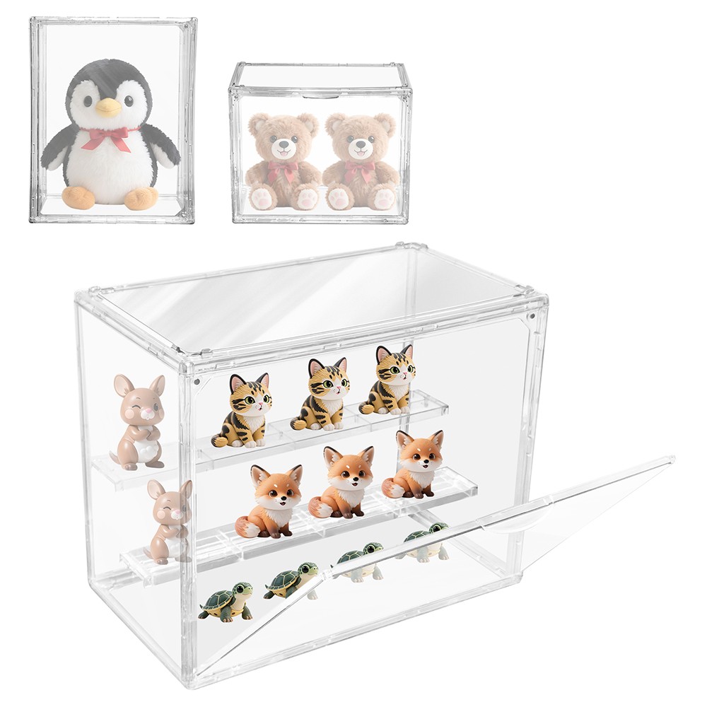 Clear Acrylic 3 Tier Figure Display Case with 2 Movable Plates Stackable Show