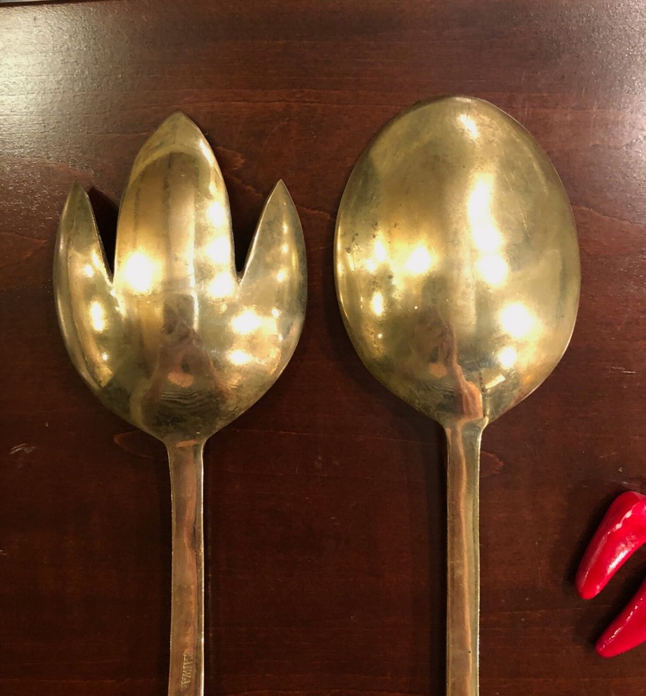 VTG Handcrafted Decorative Ornate Solid Brass Fork & Spoon Salad Serving Set 12"