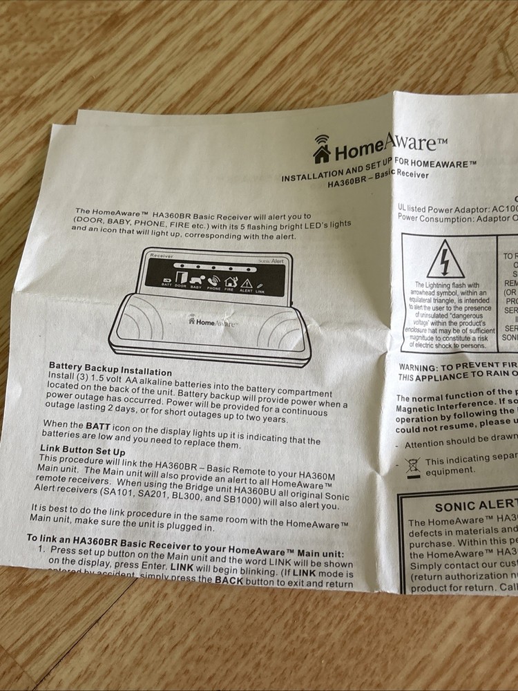 NEW Sonic Alert Home Aware Basic Receiver ONLY Model HA360BRK