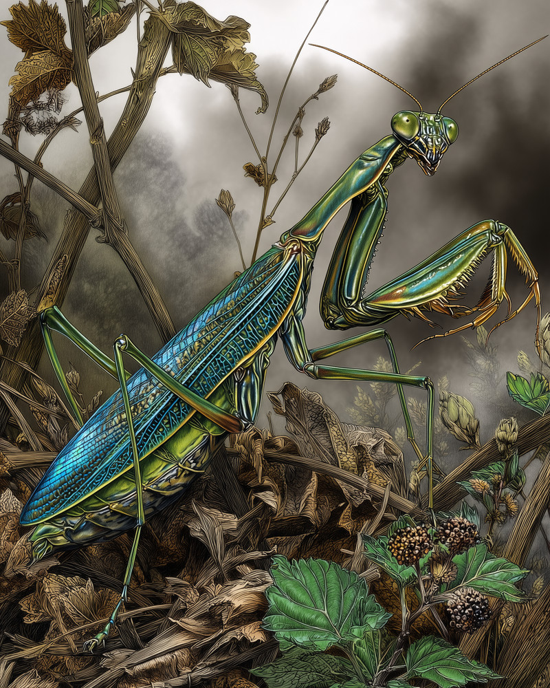 8x10 Praying Mantis posed on leaf litter - forest floor - realistic - 159038530