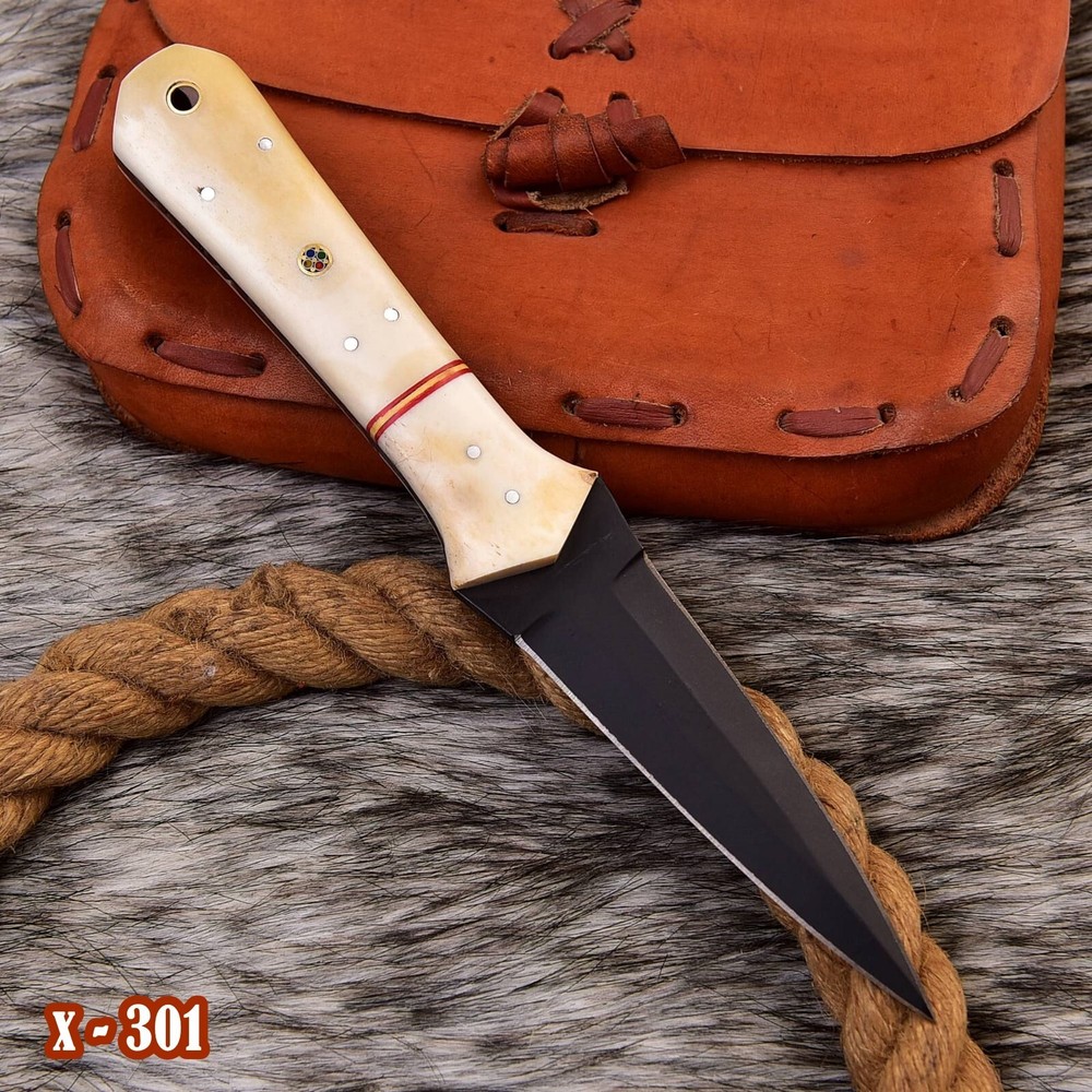 EDC handmade carbon steel double edged dagger boot knife camel bone handle
