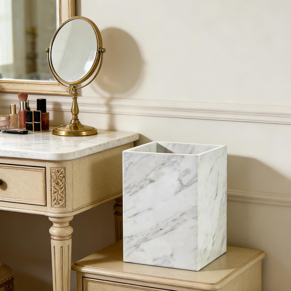 Natural White Marble Wastebasket Elegant Texture Rectangular Trash Can Luxury