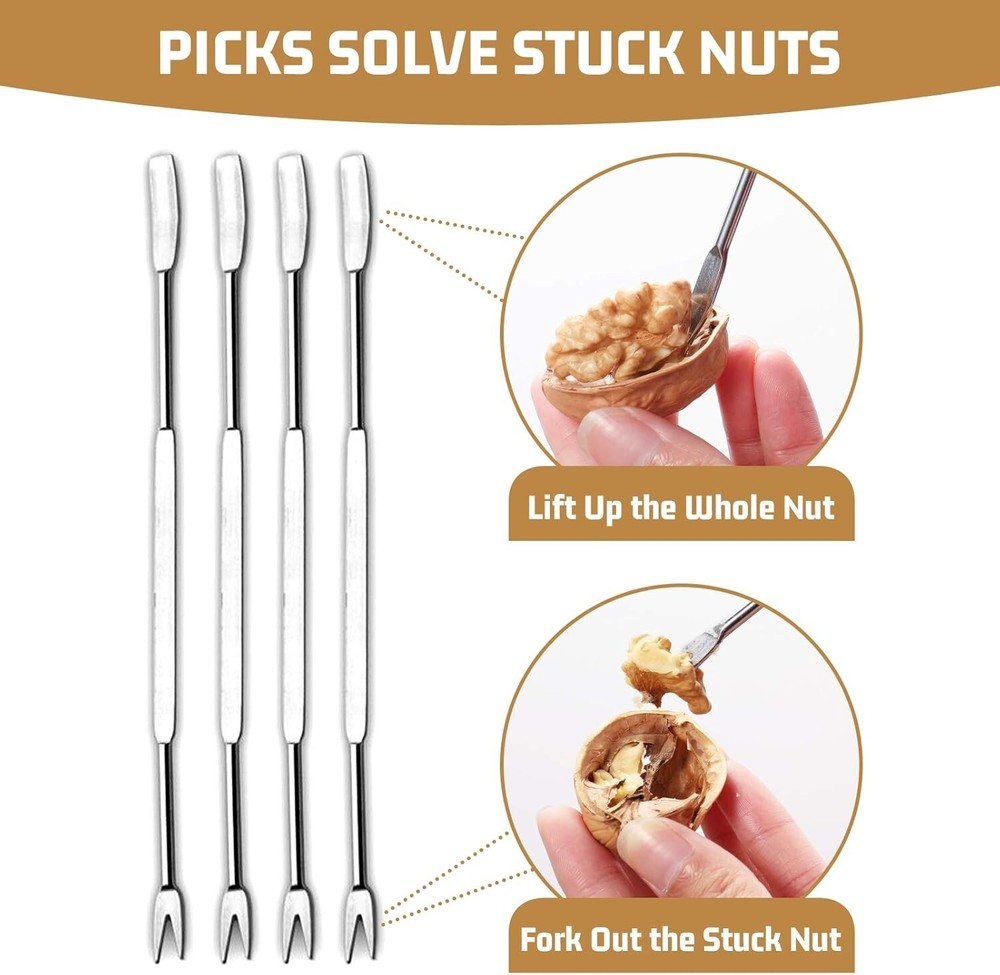 Heavy Duty Pecan Nut Cracker Tool with 4 Picks, Wood Base & Handle