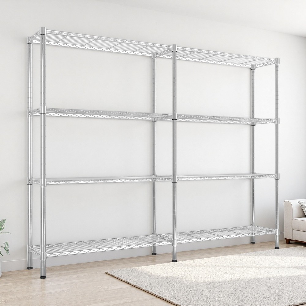 4-Tier Wire Shelving Unit 2-Column - Heavy Duty, Adjustable, Modular & Silver