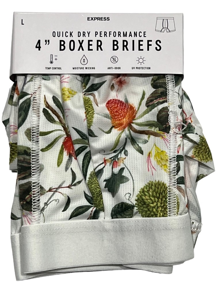 NWT EXPRESS 4" Quick Dry Performance Boxer Briefs Sz M-L White Green #E1
