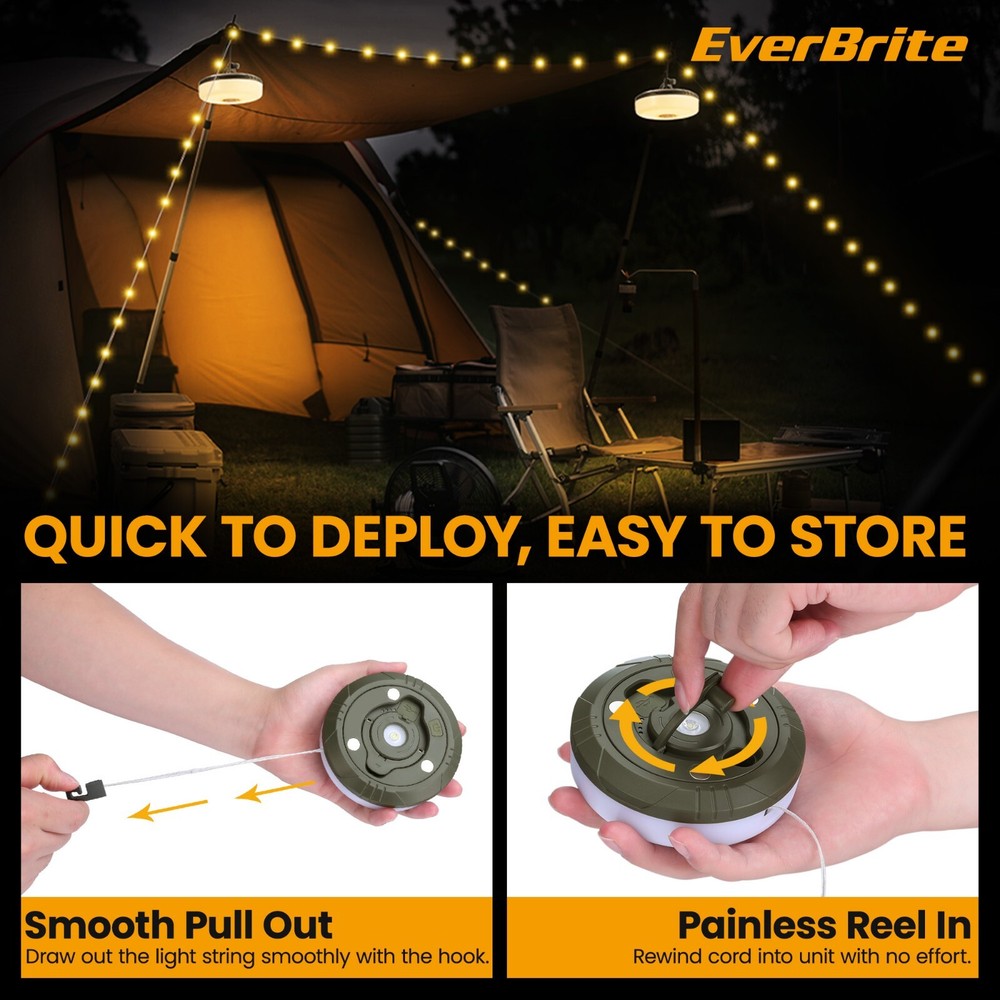 EverBrite Camping String Lights Rechargeable LED 29.5FT 8 Lighting Modes
