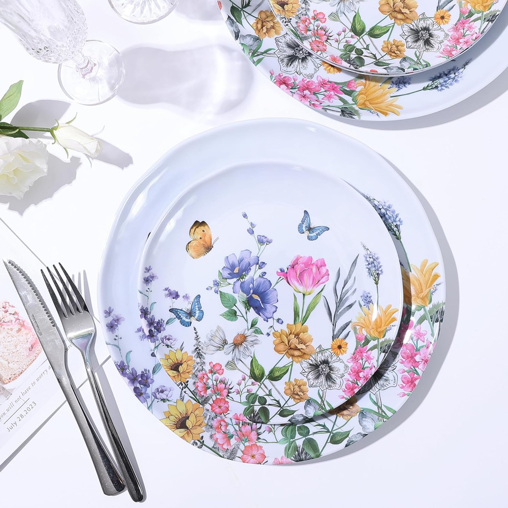 12 Piece Melamine Dinnerware Sets - Plates and Bowls Sets Floral Dinnerware Sets