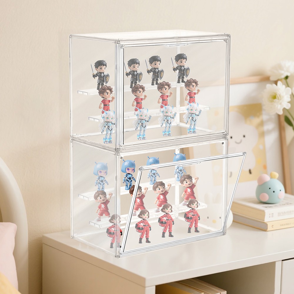 Clear Acrylic 3 Tier Figure Display Case with 2 Movable Plates Stackable Show